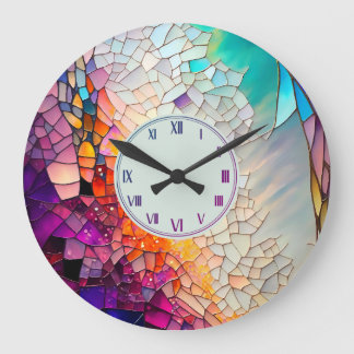 Grande Horloge Ronde motif en vitrail géométrique Abstrait