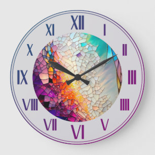 Grande Horloge Ronde motif en vitrail géométrique Abstrait