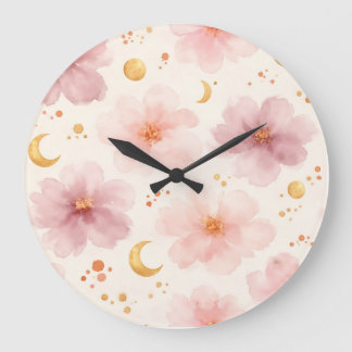 Grande Horloge Ronde Motif floral aquarelle rose élégant