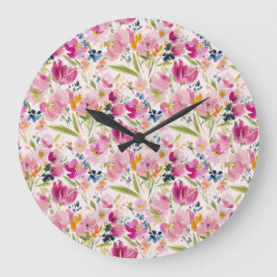 Grande Horloge Ronde Motif floral aquarelle rose shabby chic