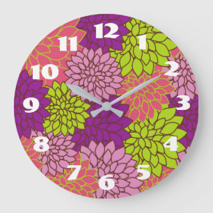 Grande Horloge Ronde Motif floral audacieux en vert citron, rose, viole