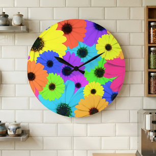 Grande Horloge Ronde Motif floral de marguerite psychédélique coloré