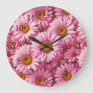 Grande Horloge Ronde Motif floral rétro rose aux marguerites