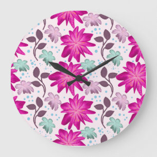 Grande Horloge Ronde Motif floral rose vibrant Fleurs modernes audaci
