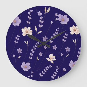 Grande Horloge Ronde Motif floral violet et beige élégant