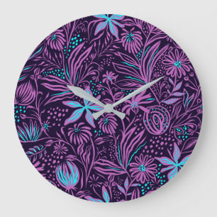 Grande Horloge Ronde Motif floral violet foncé moderne