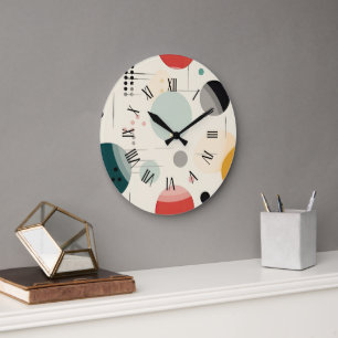 Grande Horloge Ronde Motif géométrique coloré du milieu du siècle