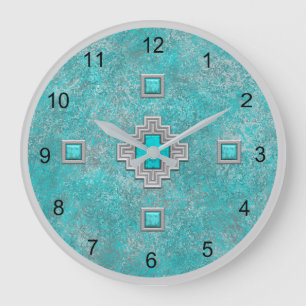 Grande Horloge Ronde Motif géométrique de Southwest Turquoise Rock