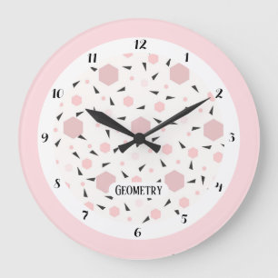 Grande Horloge Ronde Motif géométrique triangulaire rose moderne noir