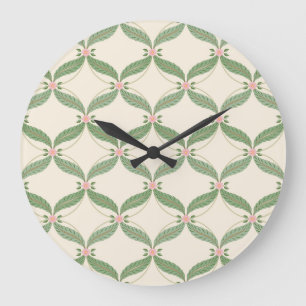 Grande Horloge Ronde Motif Grille Fleurs Feuilles simples