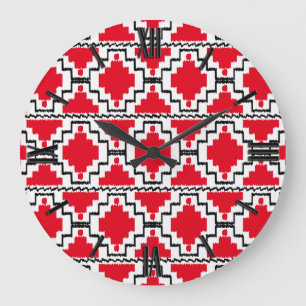 Grande Horloge Ronde Motif Ikat Aztec - Rouge, Noir et Blanc