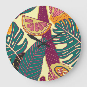 Grande Horloge Ronde Motif lumineux Tropical tiré à la main