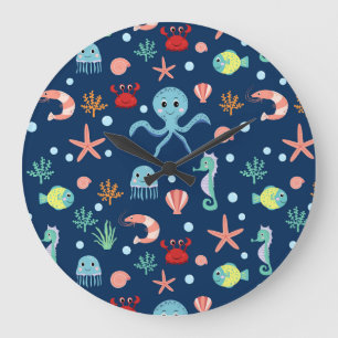 Grande Horloge Ronde Motif mignon de vie marine de l'océan
