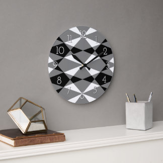 Grande Horloge Ronde Motif Mosaïque Carrés Triangles Noir Blanc Rétro