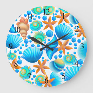 Grande Horloge Ronde Motif océanique de coquillages et de sébastes