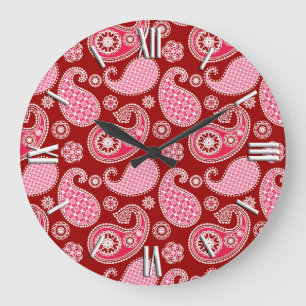 Grande Horloge Ronde Motif Paisley, rouge foncé, rose et blanc