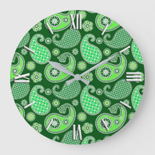 Grande Horloge Ronde Motif Paisley, vert émeraude et jade