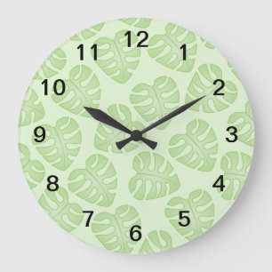 Grande Horloge Ronde Motif Pale Green Leaf.