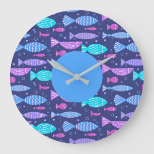 Grande Horloge Ronde Motif plat en boho sans couture avec des poissons 