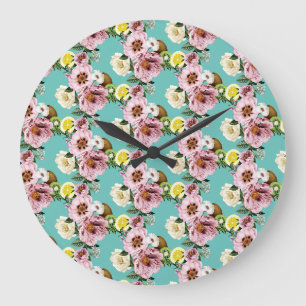 Grande Horloge Ronde Motif romantique de kiwi, citron et pivoine