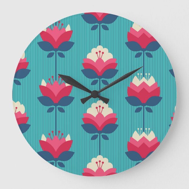 Grande Horloge Ronde Motif sans couture rétro à fleurs. (Recto)