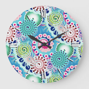 Grande Horloge Ronde Motif tourbillon fractal, turquoise, rose, multi