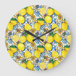 Grande Horloge Ronde Motif traditionnel méditerranéen aux citrons