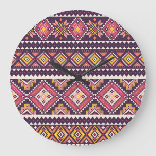 Grande Horloge Ronde Motif tribal rayé, géométrique sans couture.