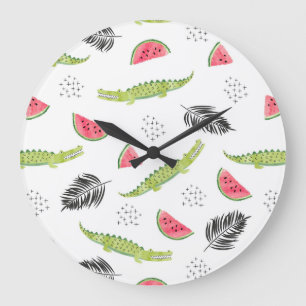 Grande Horloge Ronde Motif tropical de pastèque et de crocodile