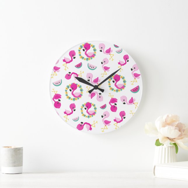 Grande Horloge Ronde Motif tropical, Flamants roses, pastèques, Fleurs (Maison)