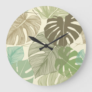 Grande Horloge Ronde Motif Tropical Monstera Retro à main