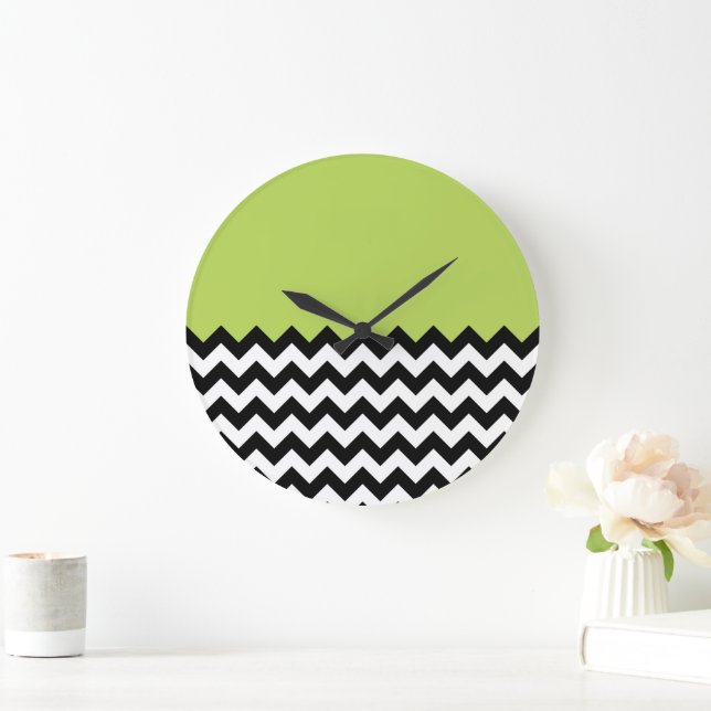 Grande Horloge Ronde Motif Zigzag noir et blanc, Chevron, Vert (Maison)