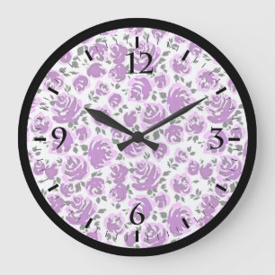 Grande Horloge Ronde Motifs de roses violettes blanches mignonnes