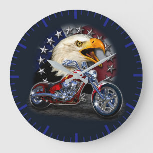 Grande Horloge Ronde Moto chopper chromée aigle patriotique drapeau des
