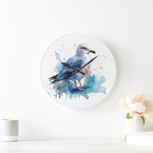 Grande Horloge Ronde mouette bleu aquarelle debout sur la plage