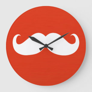 Grande Horloge Ronde Moustache blanche amusante sur rouge orange