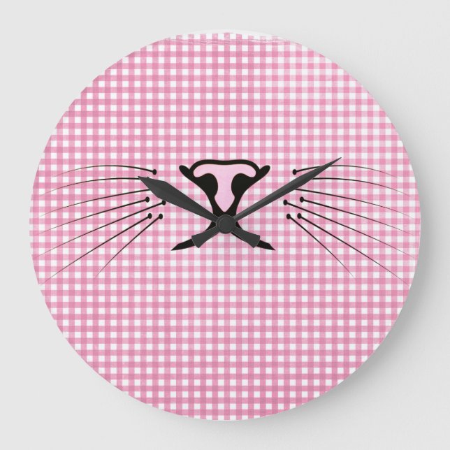 Grande Horloge Ronde Moustaches de chat sur gingham rose et blanc (Recto)