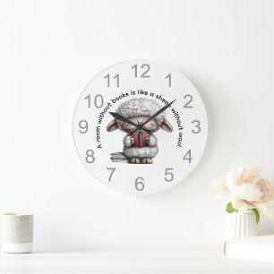 Grande Horloge Ronde Mouton Mignon et Fantaisiste Lisant un Livre