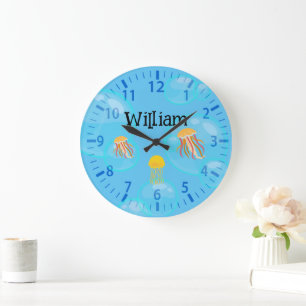 Grande Horloge Ronde Mur pour enfants à motif nautique personnalisé