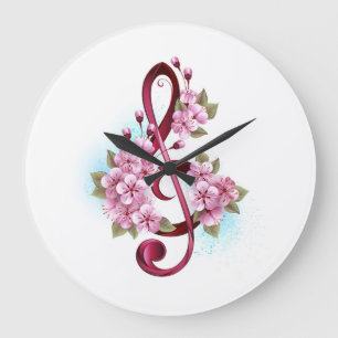Grande Horloge Ronde Musical treble clef notes with sakura flowers
