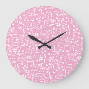 Grande Horloge Ronde Musique Danse Notes Blanches Rose Pâle