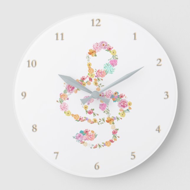 Grande Horloge Ronde musique trek clef fleurs d'aquarelle (Recto)