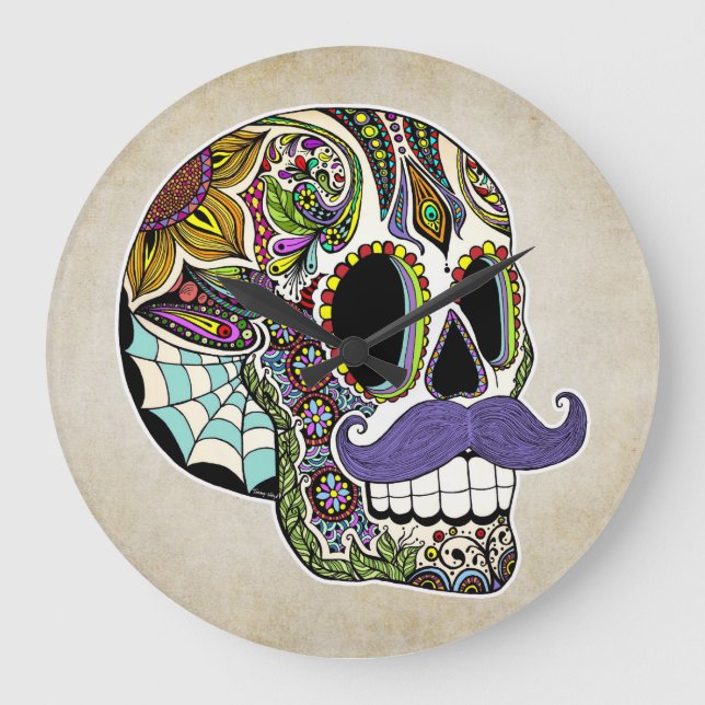 Grande Horloge Ronde Mustache Sugar Skull Wall Clock (Recto)