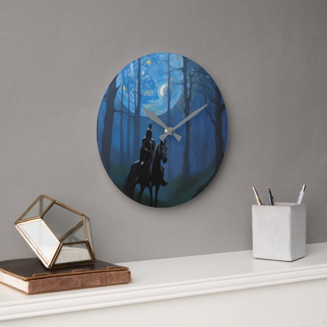 Grande Horloge Ronde Mystérieux Chevalier Noir dans la Forêt Lune (Bureau)