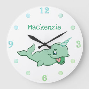 Grande Horloge Ronde Narwhal Vert Menthe Mignonne Chibi Dessin Animé