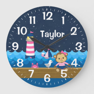 Grande Horloge Ronde Nautical Girl Singe rose et Marine
