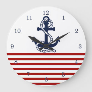 Grande Horloge Ronde Nautical Red White Stripes and Blue Anchor