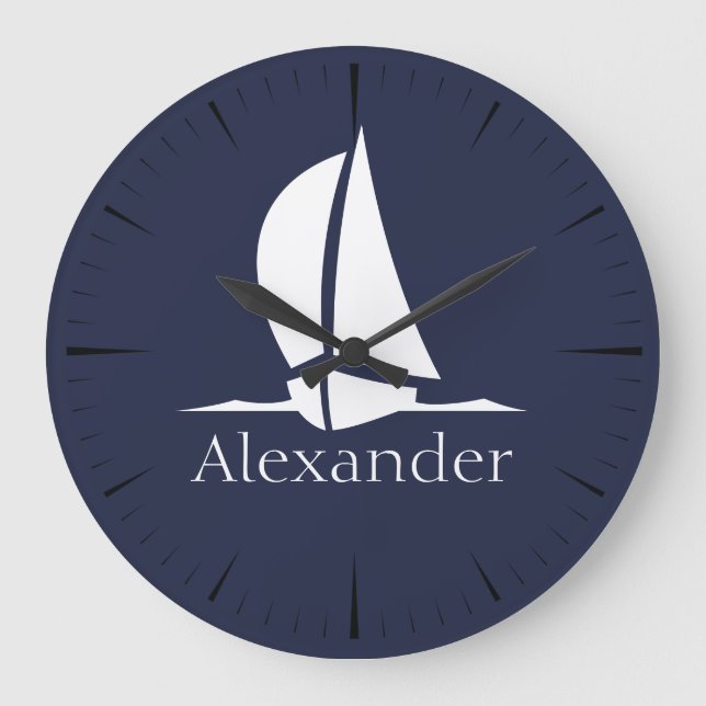 Grande Horloge Ronde Nautical White Sailboat Navy blue Coastal Monogram (Recto)