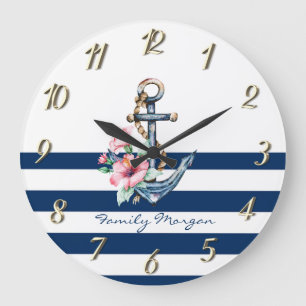 Grande Horloge Ronde Nautique, Ancre Florale Rayures Bleu Marine
