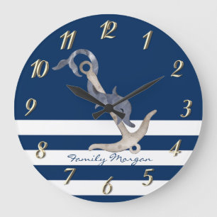 Grande Horloge Ronde Nautique, dauphin à l'ancre  rayé bleu marine 